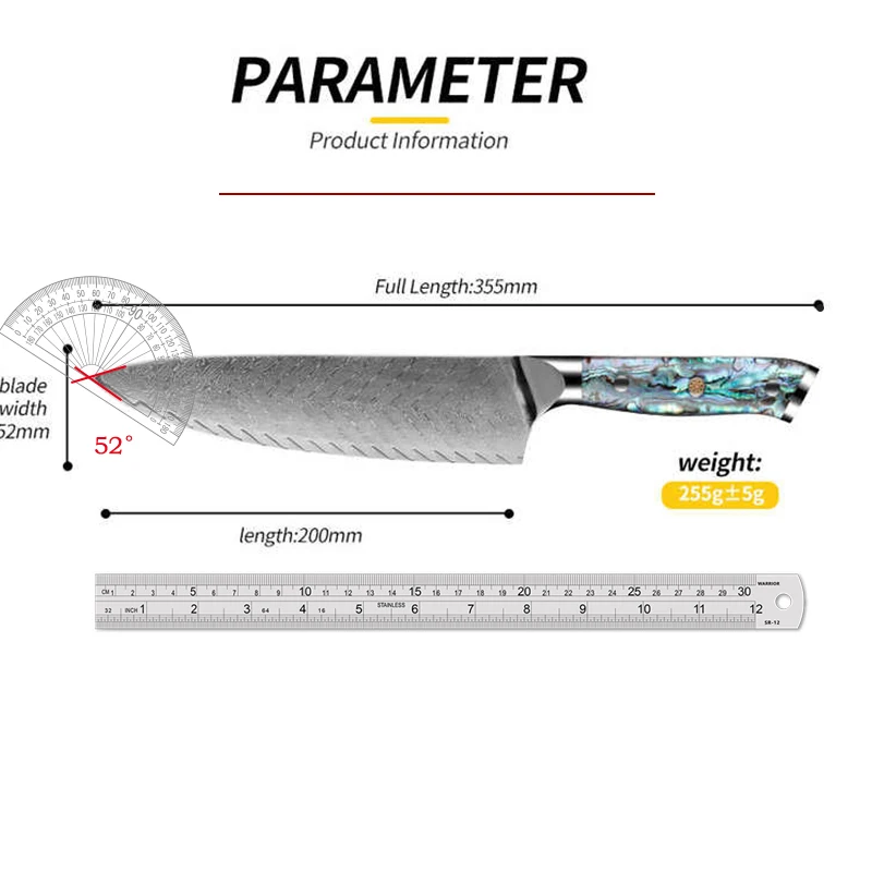 Professional 67-Layer Damascus Steel 8" Chef Knife – Japanese Steel with Abalone Shell Handle - Image 6