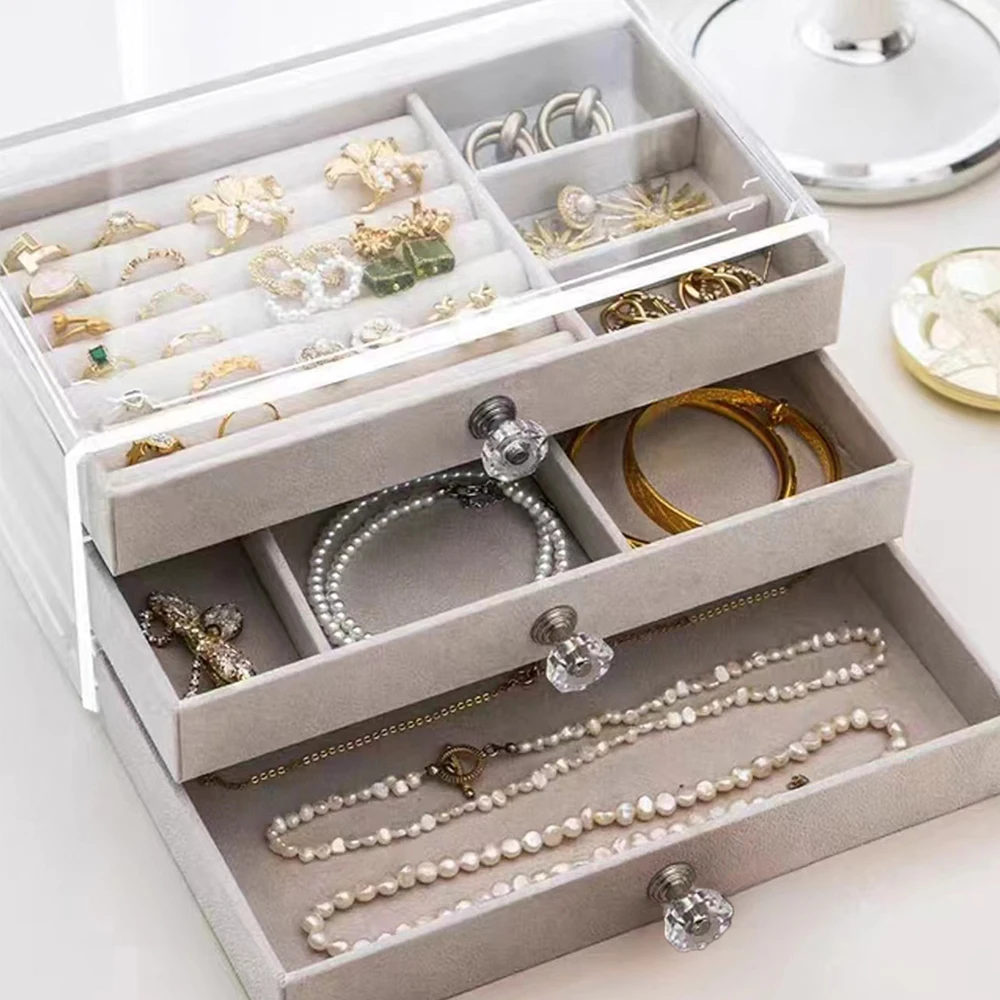 High-Capacity 3-Layer Flannel Jewelry Box Drawer Storage for Earrings Necklaces Rings