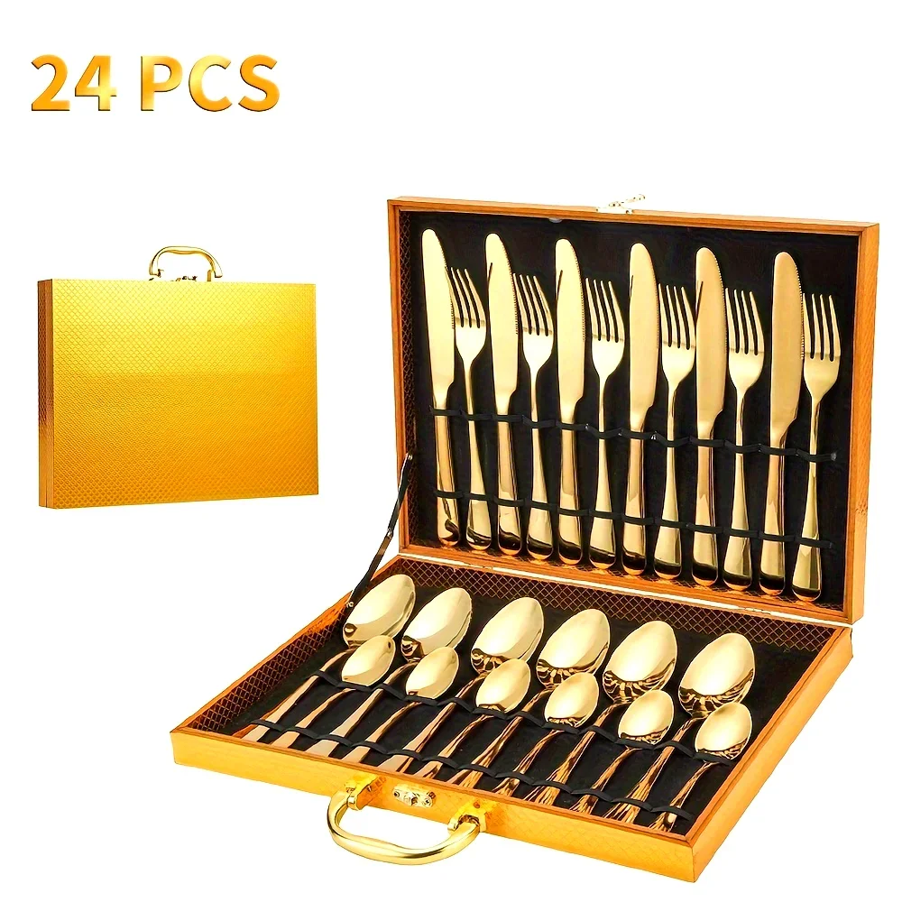 24pcs Elegant Stainless Steel Black Flatware Set, Mirror Polish Gold Cutlery, Dishwasher Safe