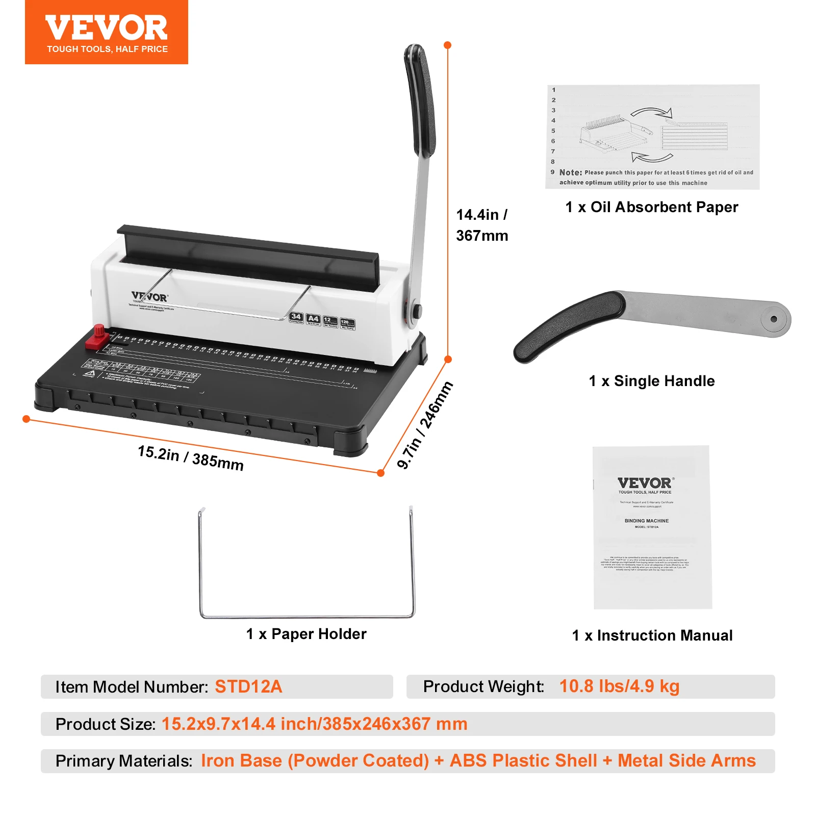 VEVOR Coil Spiral Binding Machine Manual Book Maker 34-Holes Binding 120 Sheets Punch Binder Adjustable Coil Binding Spines - Image 7