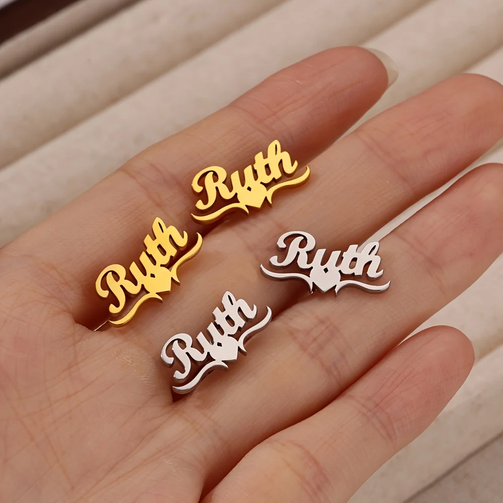 Heart Ribbon Custom Name Stud Earrings – Waterproof Stainless Steel Personalized Jewelry 2025