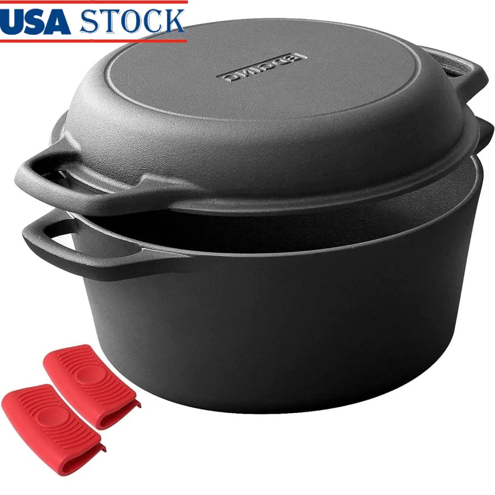 2-in-1 Pre-Seasoned Cast Iron Dutch Oven & Skillet Lid Cookware Set – Durable Handles
