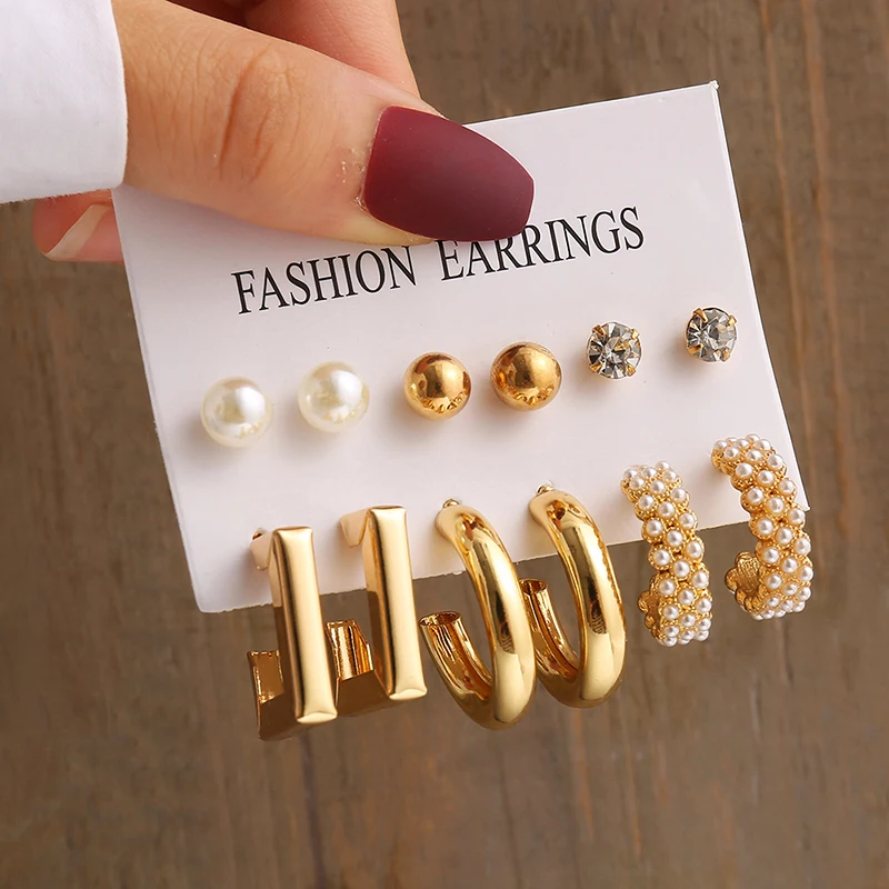 Vintage Gold Pearl Geometric Earrings Set – Heart, Square & Round Dangle Styles - Image 19
