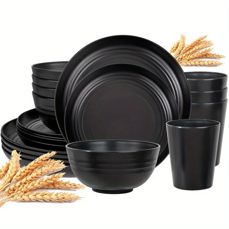 Valentine's Day 16-Pack Wheat Straw Dinner Plates & Reusable Cutlery Set, Black - Image 2