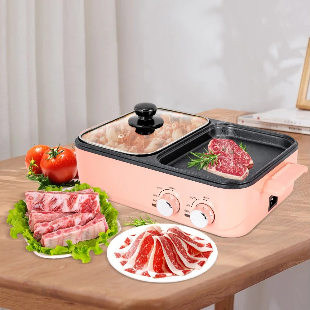 2-in-1 Electric Hot Pot & Grill - Non-Stick Shabu Pot and Griddle with Dual Temperature Control (Pink)