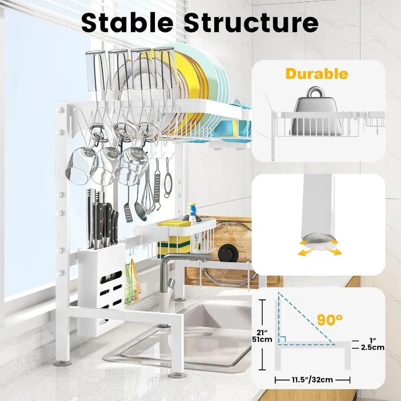 Over Sink Dish Drying Rack – Adjustable 25–33in, 2-Tier with Baskets & Utensil Holder - Image 4