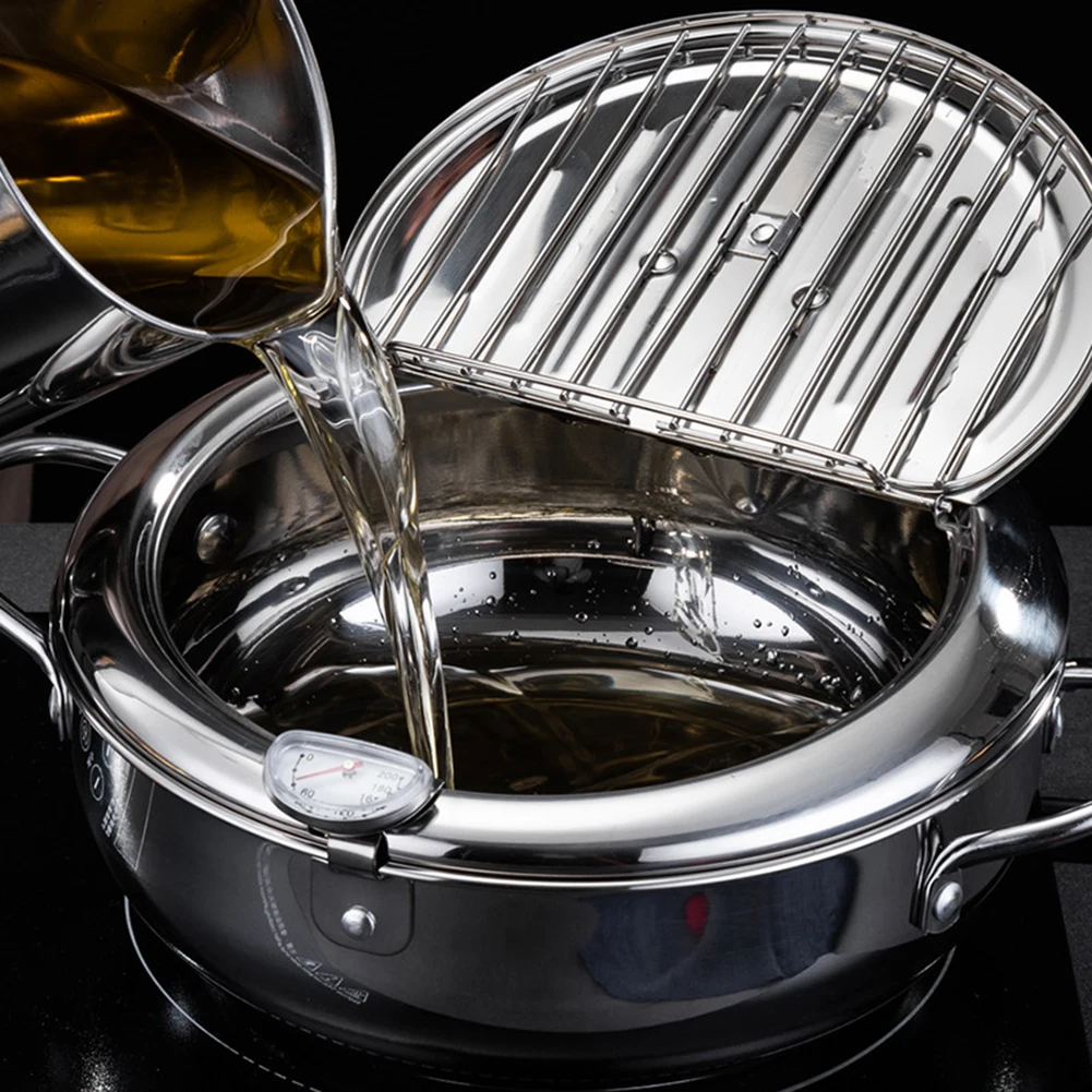 Japanese Style Deep Frying Pot - 304 Stainless Steel with Drip Drainer Rack