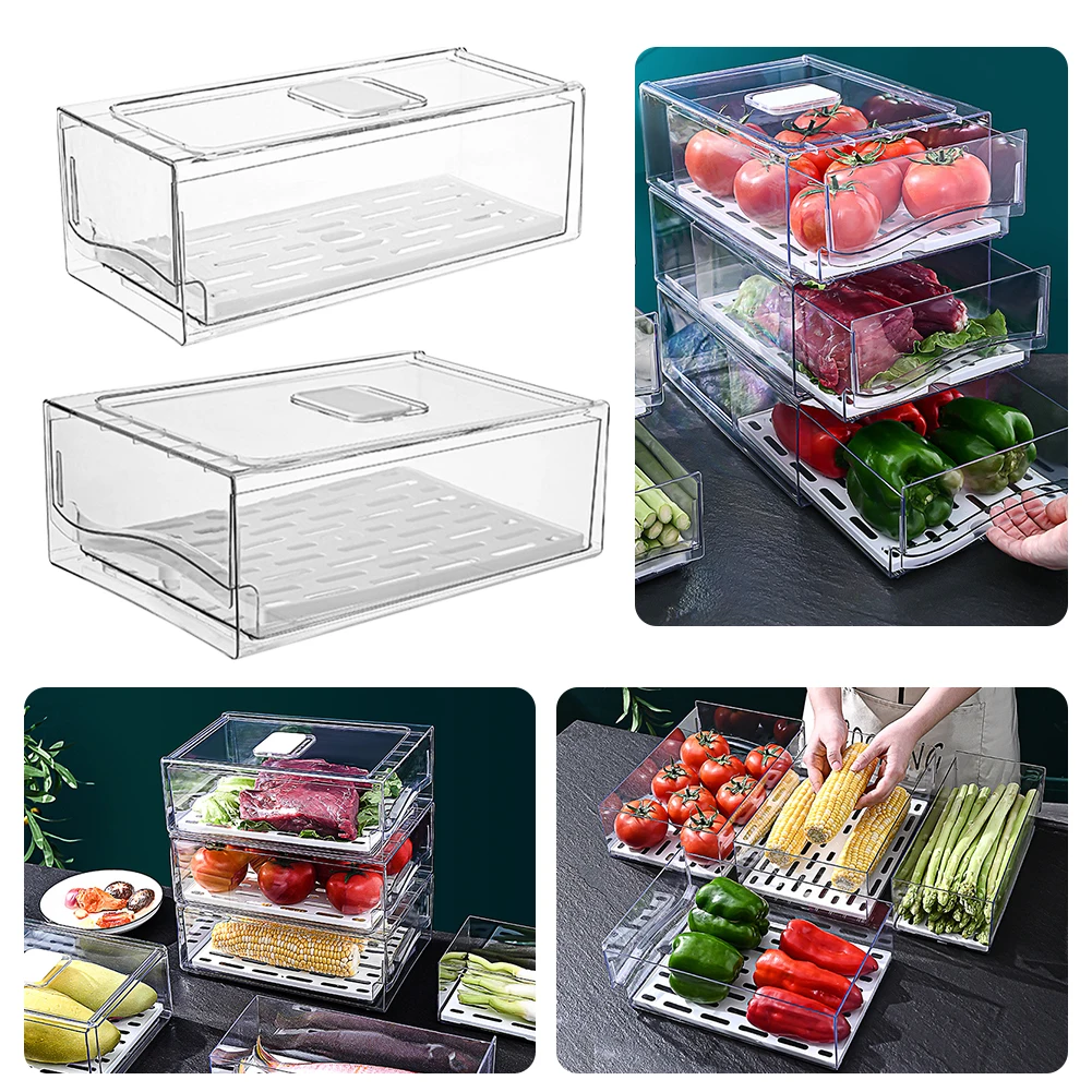 Stackable Refrigerator Organizer Drawers with Drain Tray & Clear Pull-Out Bins