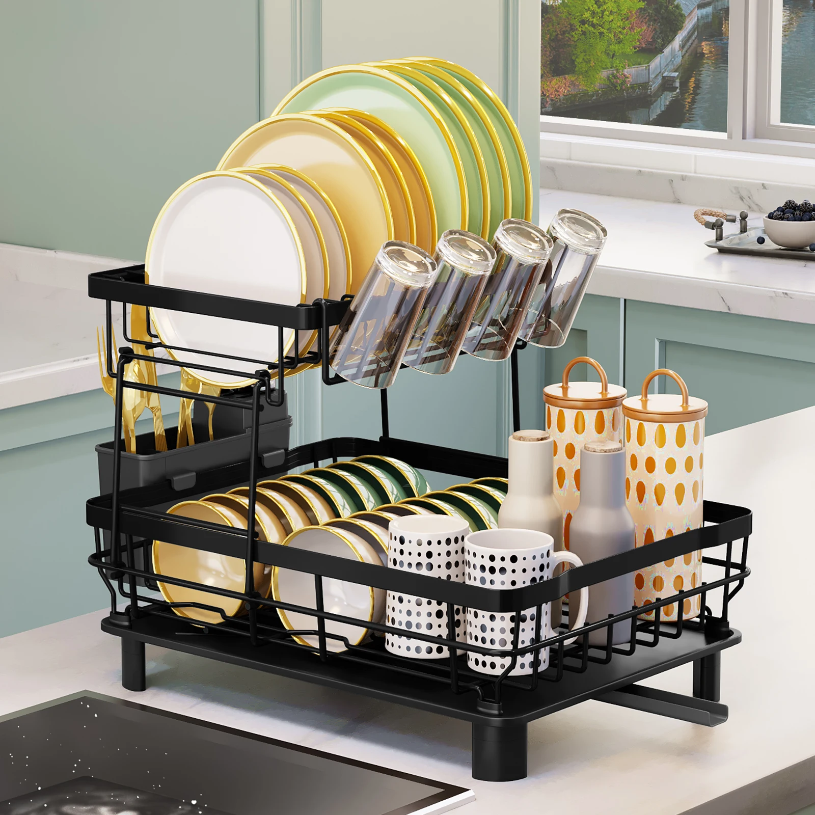 2‑Tier Stainless Steel Dish Drying Rack – Large Capacity with Drainboard & Utensil Holder