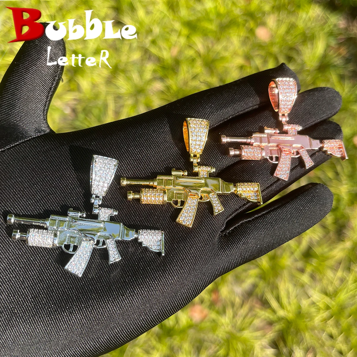 Bubble Letter Iced Out Gang Pendant Women Real Gold Plated Cubic Zirconia Hip Hop Jewelry Gift