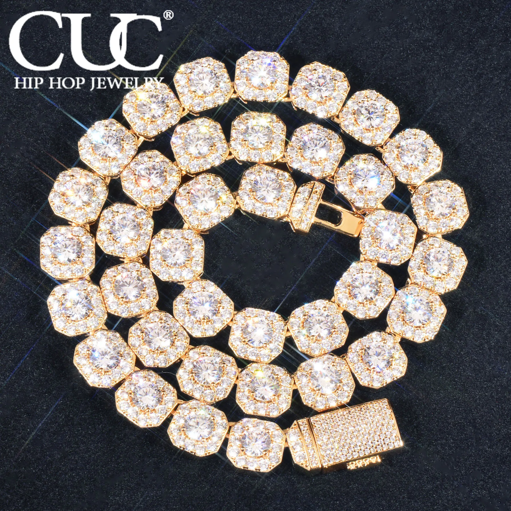 CUC 10MM Square Clustered Gold Hip Hop Chain Necklace Men Zirconia Copper Fashion Jewelry