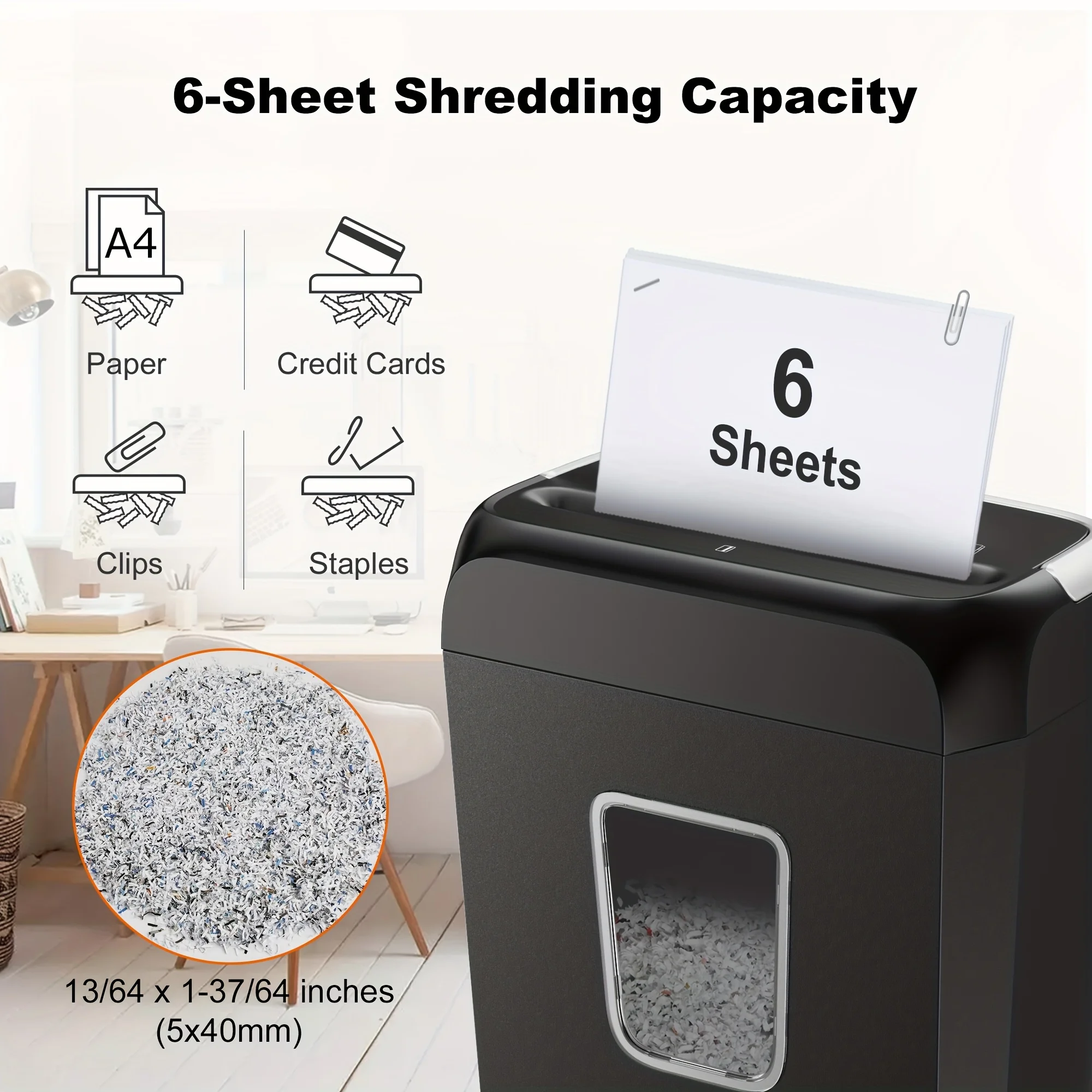6-Sheet Cross-Cut Paper Shredder with 3.4-Gallon Wastebasket for Home Office Shreds Credit Cards,Paper, Mail, Staples and Clips