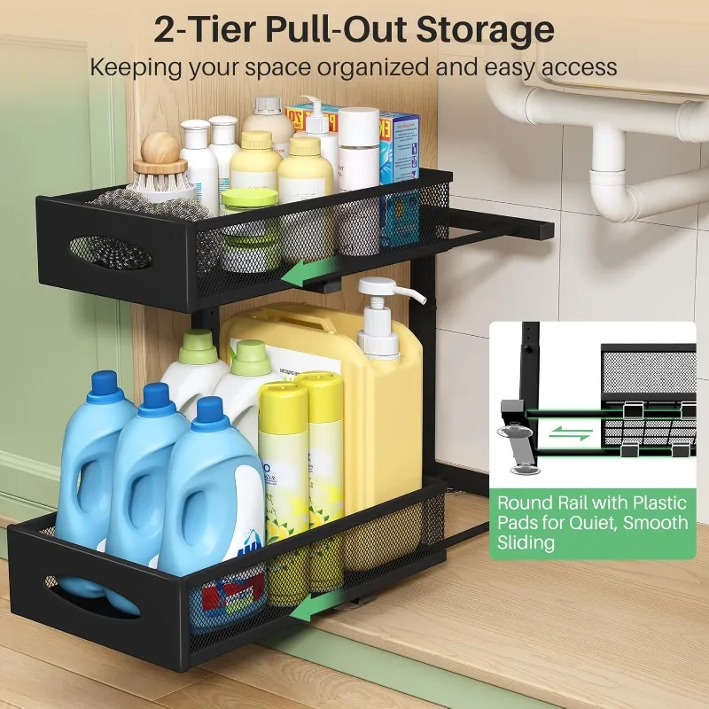 2-Pack Under Sink 2-Tier Pull-Out Organizer with Mesh Sliding Drawers – Cabinet Storage Shelves - Image 3