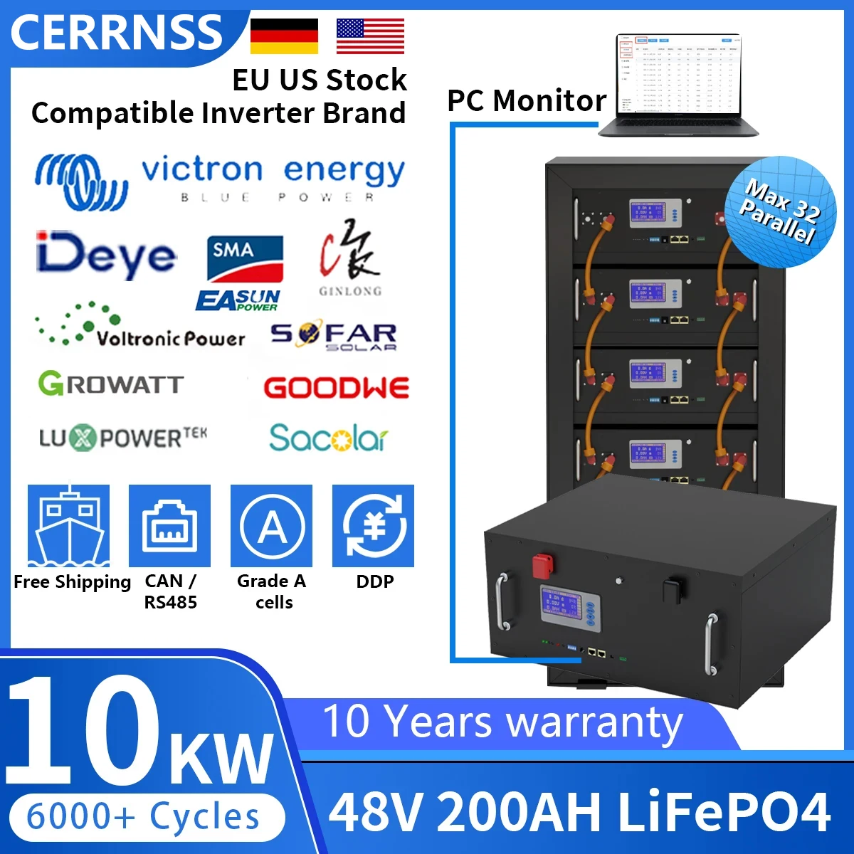 48V 200AH 150AH 100AH LiFePO4 Battery Pack 51.2V 10KW Lithium Solar Battery Rechargeable Battery 6000+ Cycles For Home Storage