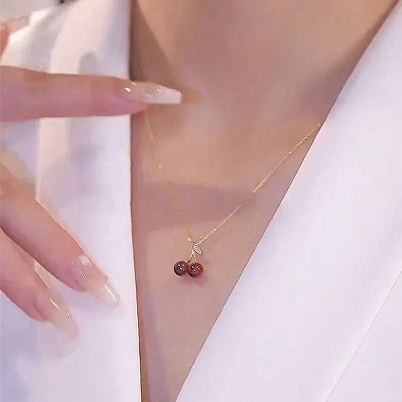 Wine Red Cherry Pendant Necklace – Golden Chain Jewelry Gift for Women - Image 2