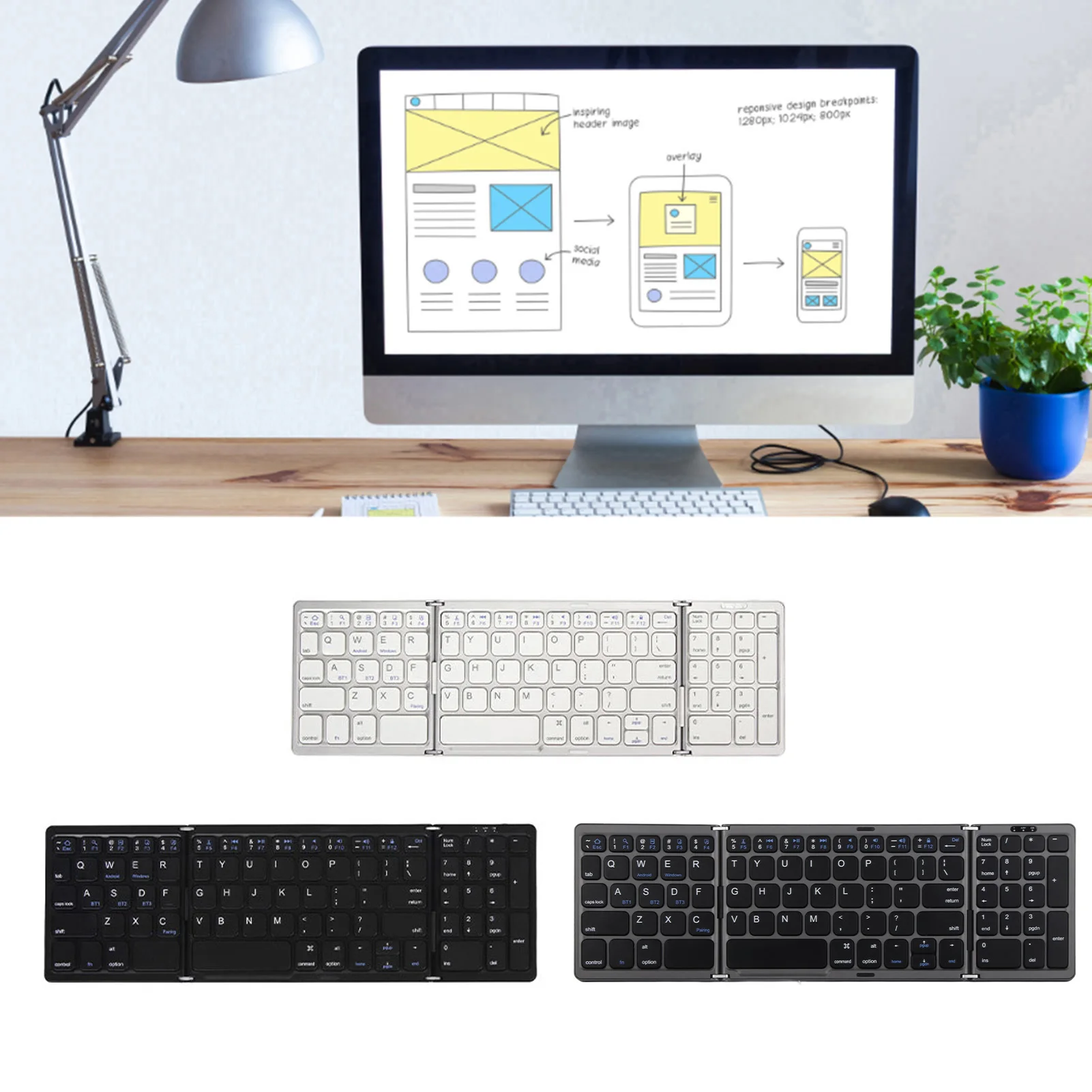 Bluetooth Foldable Keyboard, Wireless Triple-Fold, Multi-Device for Laptop, Tablet, Phone