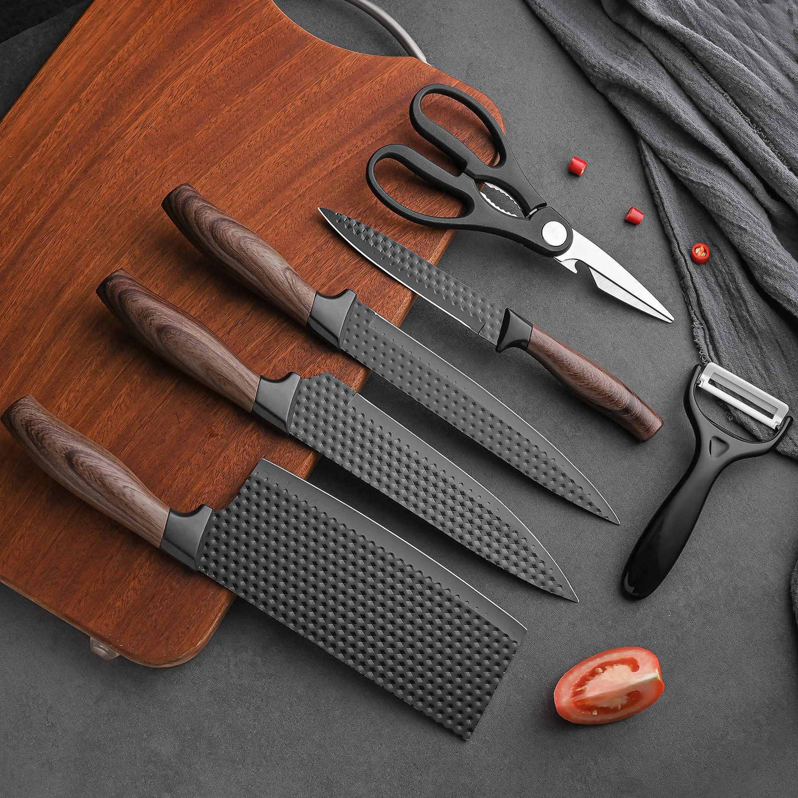Professional 6-Piece Kitchen Knife Set – High Carbon Stainless Steel Chef, Slicing, Utility, Scraper, and Scissors - Image 4