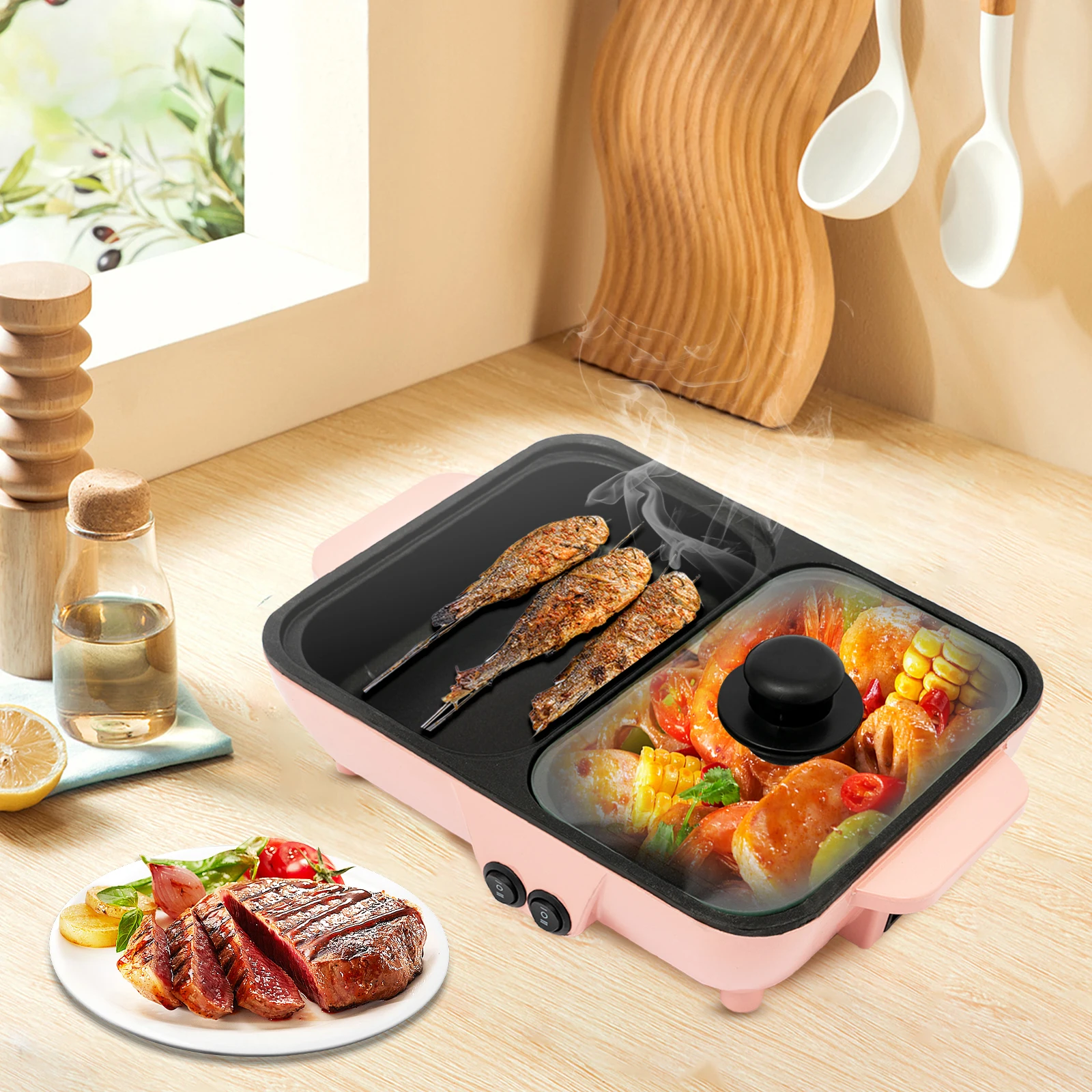 2-in-1 Mini Hot Pot and Grill Combo - Available in Pink, Blue, White for Home Cooking