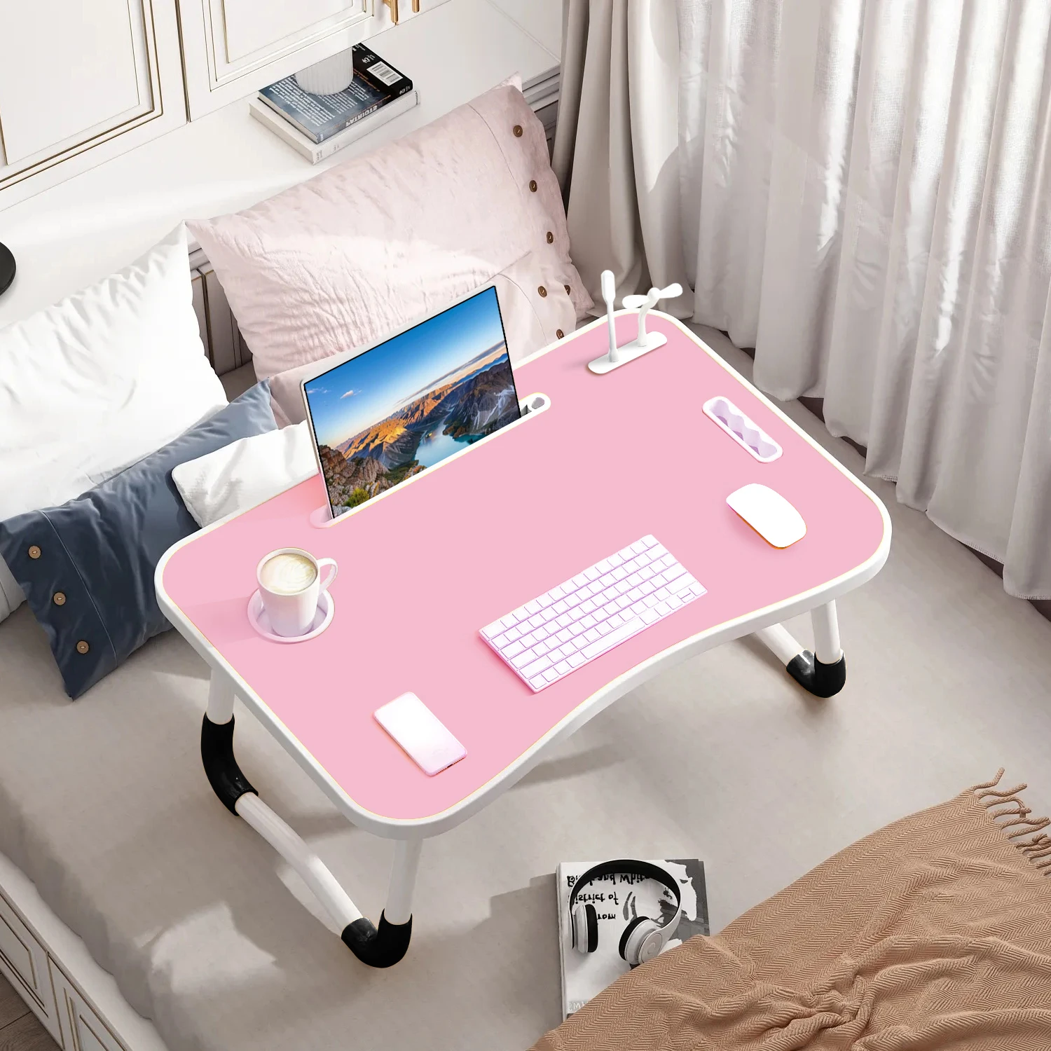 NEW 40x60cm portable folding table laptop table for office and home use with USB light, small fan, cup holder, tablet slot - Image 8