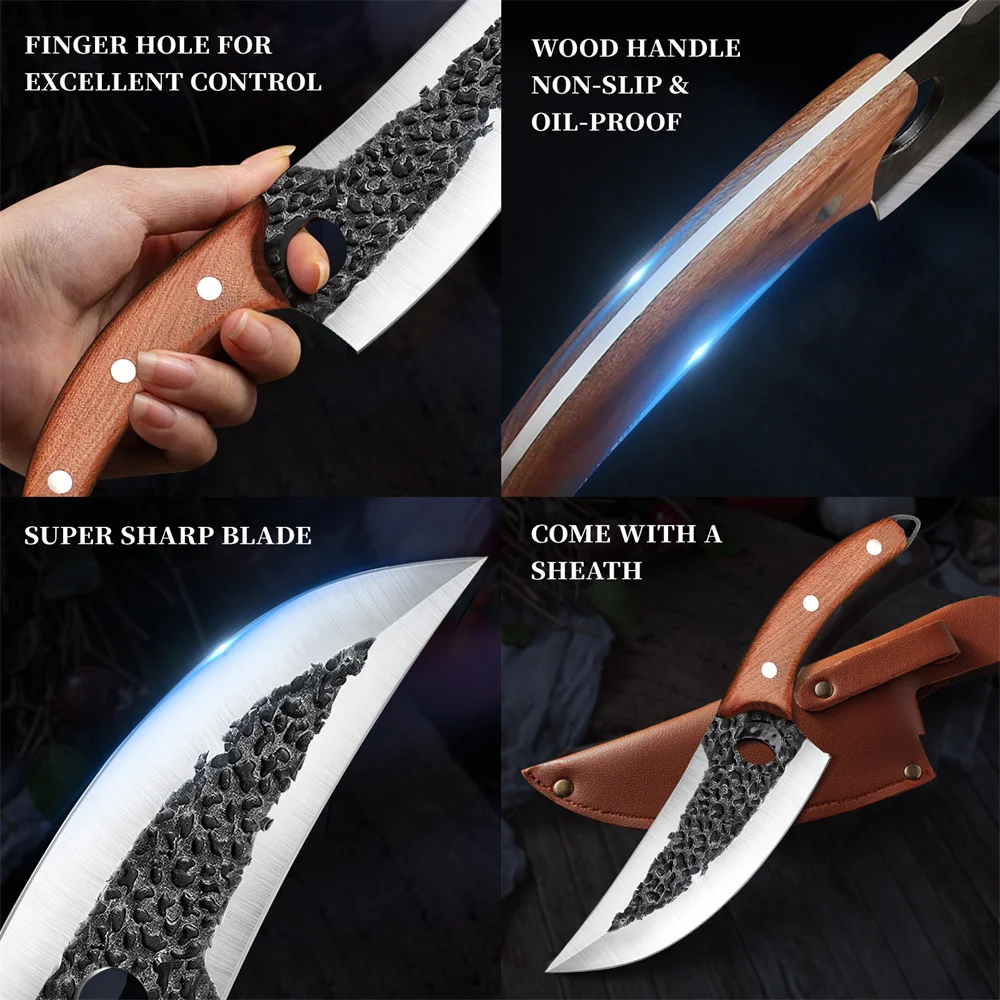 Hand-Forged Double‑Edged Boning & Slicing Knife – Damascus‑Style, Wood Handle - Image 4