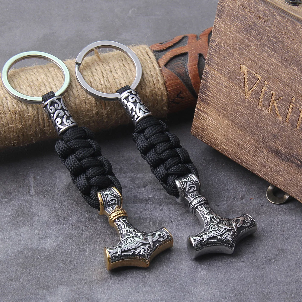 Thor's Hammer Pendant with Rune Beads Keychain in Wooden Gift Box