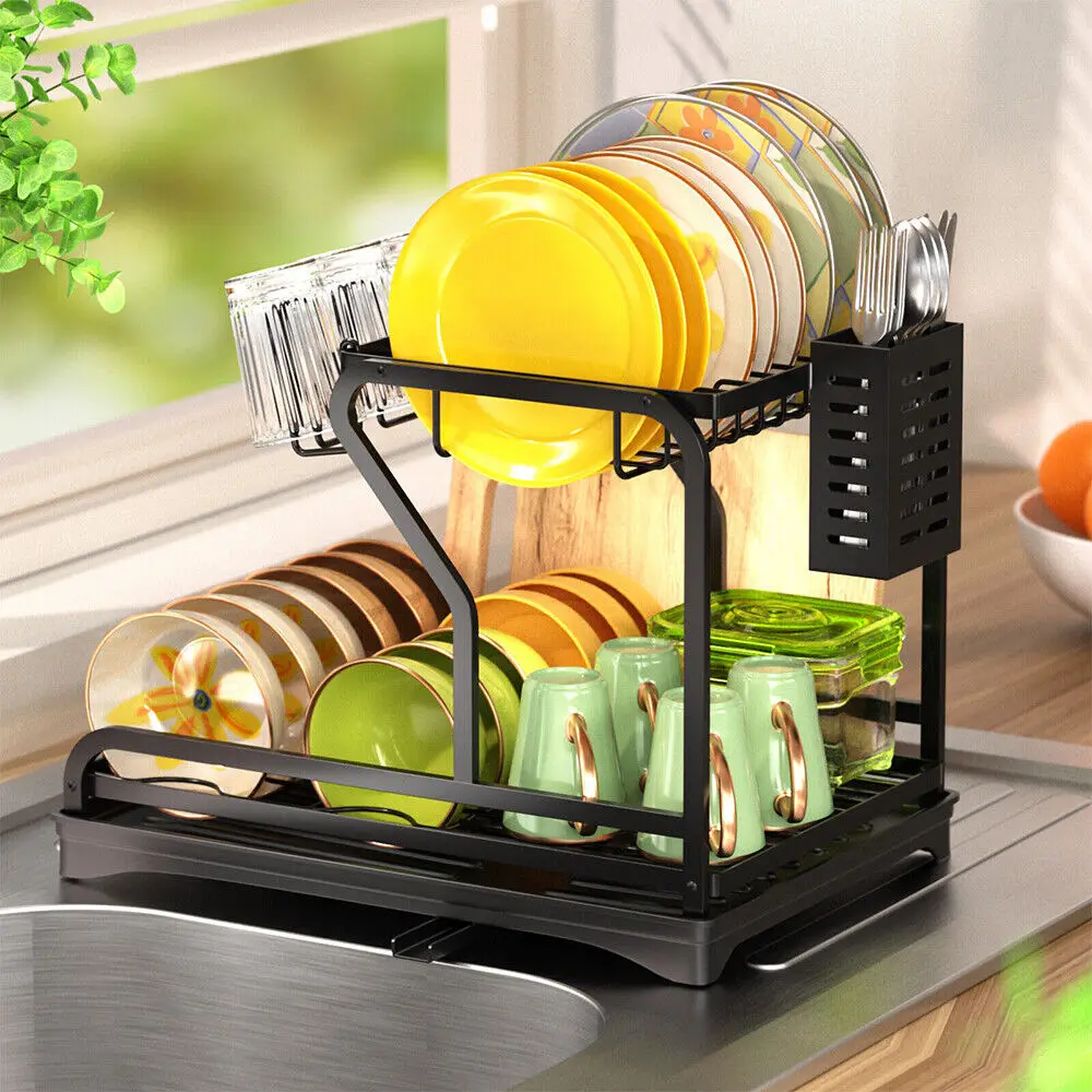 2-Tier Dish Drying Rack with Drainboard – Compact Kitchen Organizer