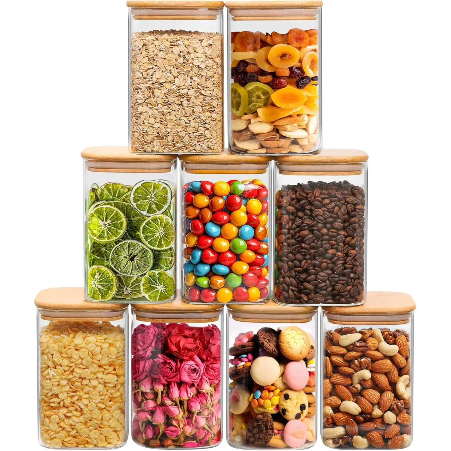 Set of 9 Square 37oz Glass Storage Containers with Lids – Clear Pantry Food Jars