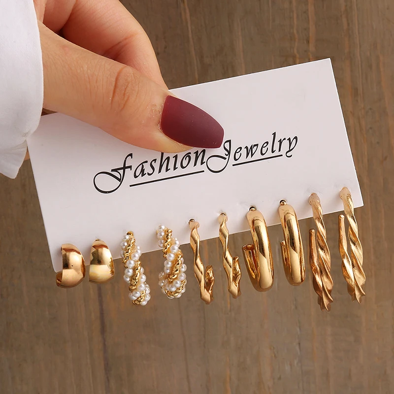 Vintage Gold Pearl Geometric Earrings Set – Heart, Square & Round Dangle Styles - Image 4