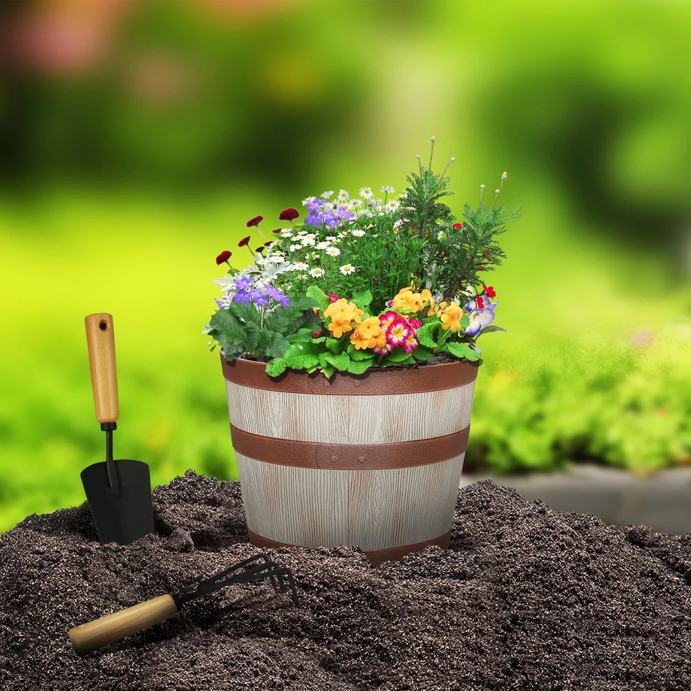 Resin Whiskey Barrel Planter – Lightweight, Frost-Resistant with Drainage Holes - Image 6