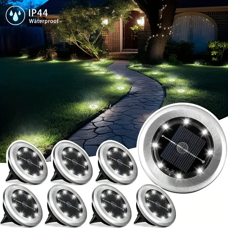 8PCS Solar Disk Lights – 8 LED Outdoor Garden Underground Deck Spotlights