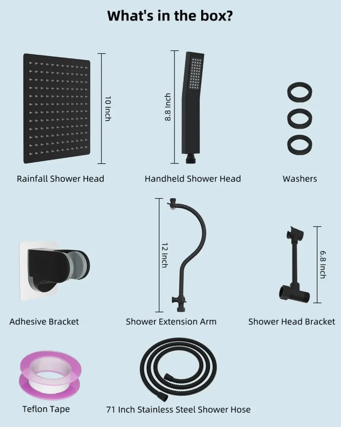 10" All Metal High Pressure Rainfall Shower Head, Handheld Wand & 71" Hose - Image 6