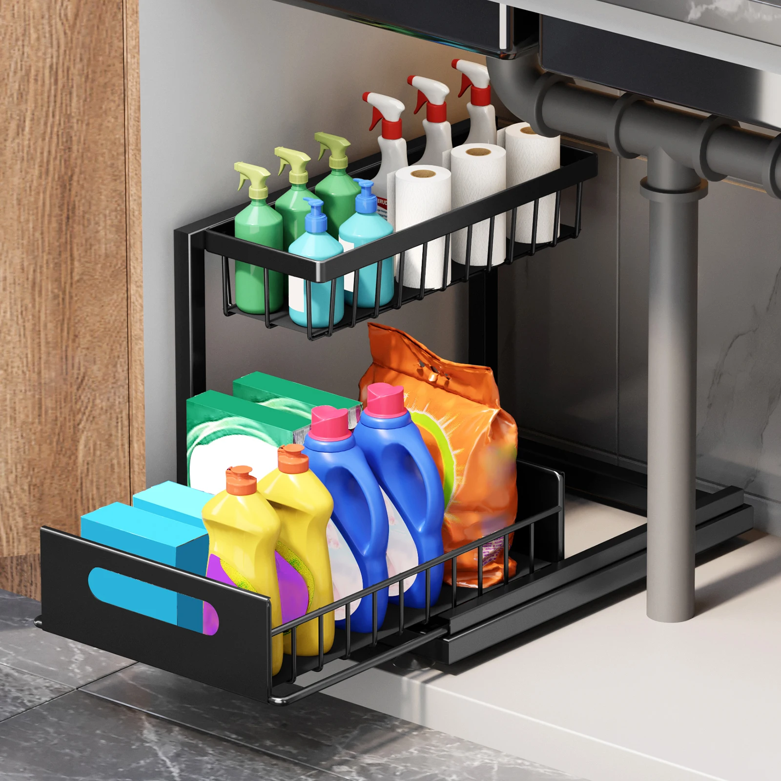 2-Tier Under Sink Organizer – Metal Pull-Out Cabinet Shelf for Kitchen & Bathroo