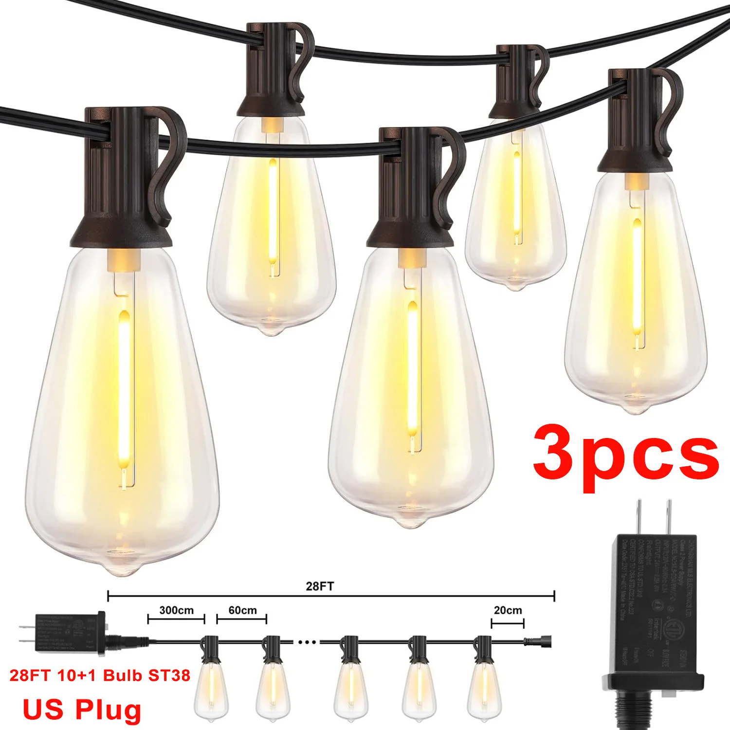 1/2/3pcs 28FT ST38 String Lights Outdoor, US Plug 10+1 LED Patio Lights Fairy Garden Lamp For Home Xmas New Year Party Halloween - Image 8