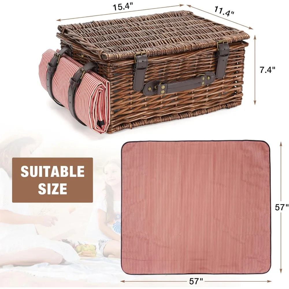 Picnic Basket Set for 4 - Wicker with Cooler & Waterproof Blanket, Classic Design - Image 2