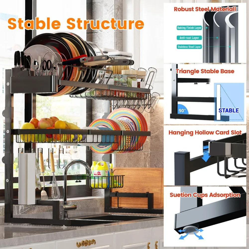 Over Sink Dish Drying Rack – Expandable 31–39.5L x 12W x 34–38H inches, Snap-On Design with Baskets & Utensil Holder - Image 5