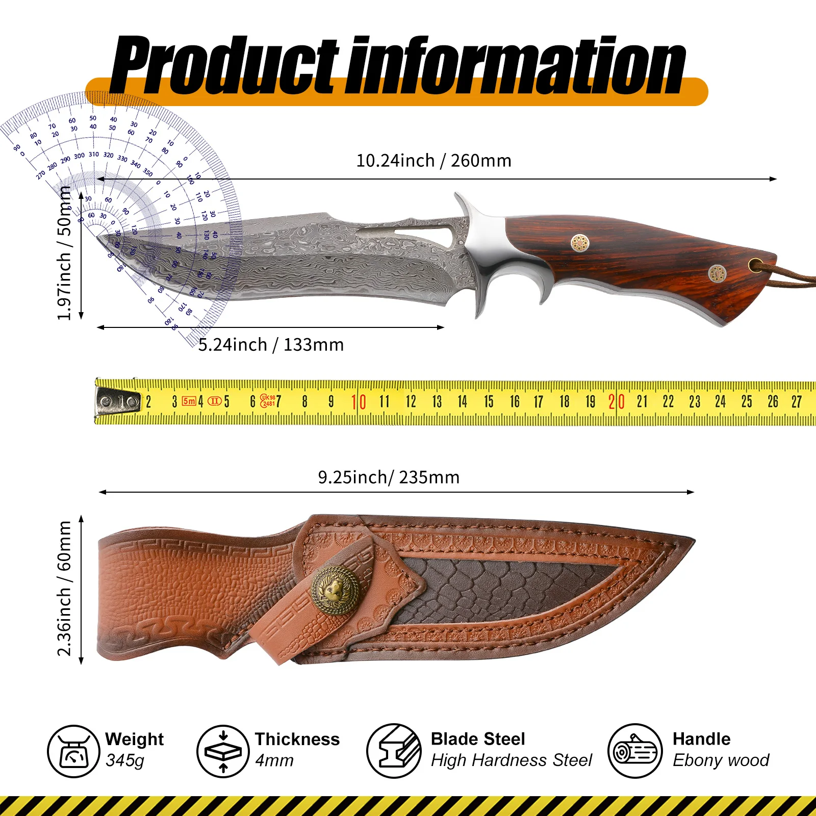 Handmade Large Damascus Fixed Blade Knife – Forged with Wooden Handle & Leather Sheath - Image 2