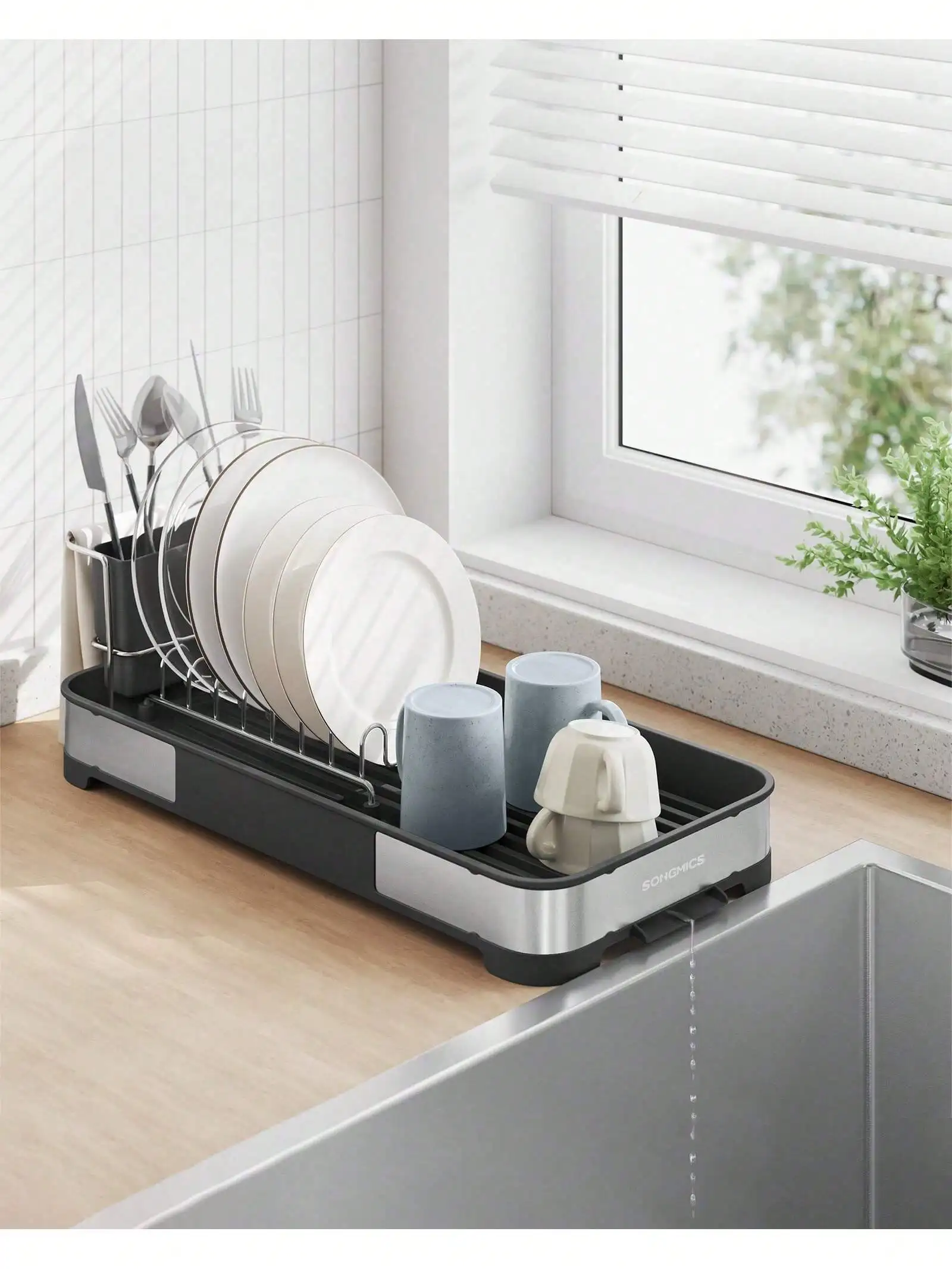 SONGMICS Compact Stainless Steel Dish Rack – Rustproof, Drain Spout, Utensil Holder - Image 2