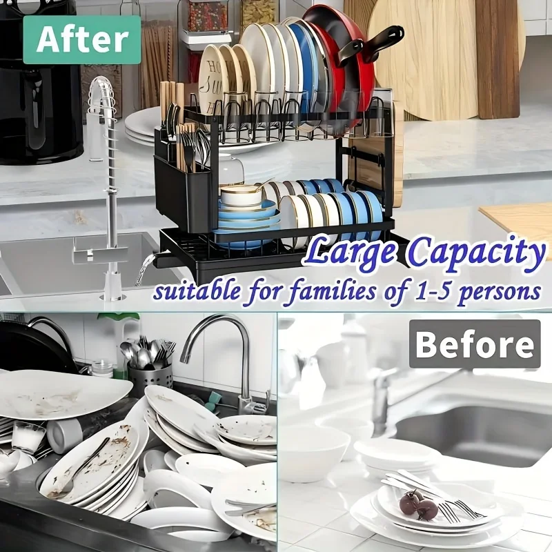 2-Tier Multifunctional Dish Drying Rack with Drainboard & Utensil Holder – Space-Saving Kitchen Organizer - Image 3