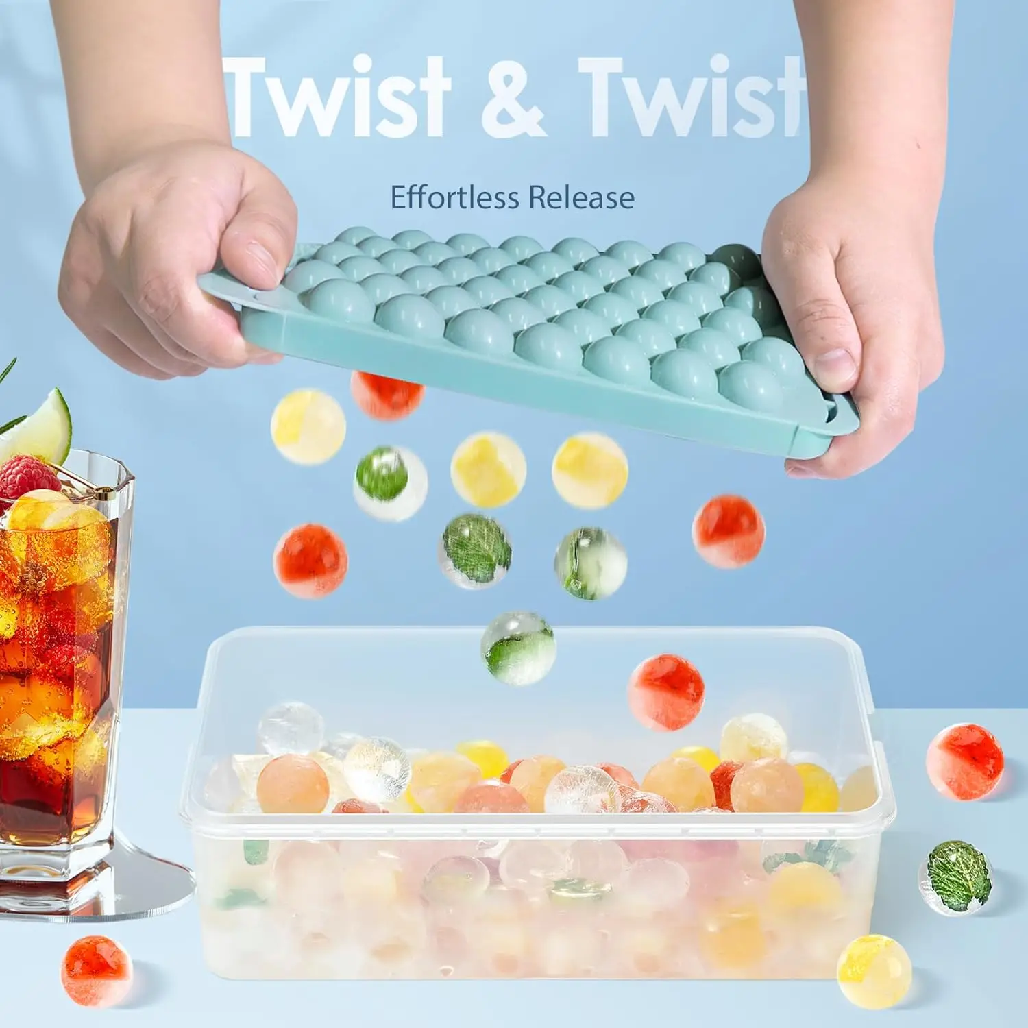 2-Piece Round Ice Cube Trays with Lid & Bin - Leakproof Silicone Molds, Includes Storage Container (0.8") - Image 2