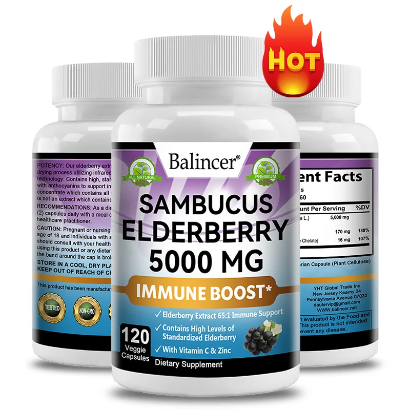 Elderberry 5 000 mg + Vitamin C & Zinc – Immune & Skin Support, 120 Caps