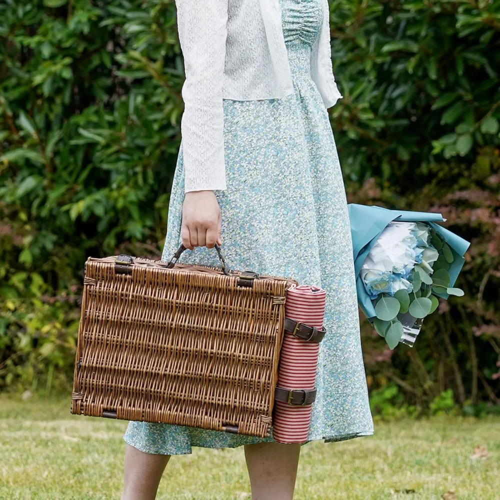 Picnic Basket Set for 4 - Wicker with Cooler & Waterproof Blanket, Classic Design - Image 4