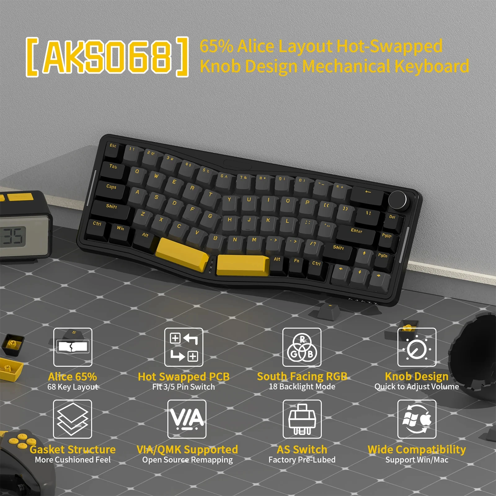 ATTACK SHARK x AJAZZ AKS068 60% Alice Mechanical Keyboard VIA-Programmable