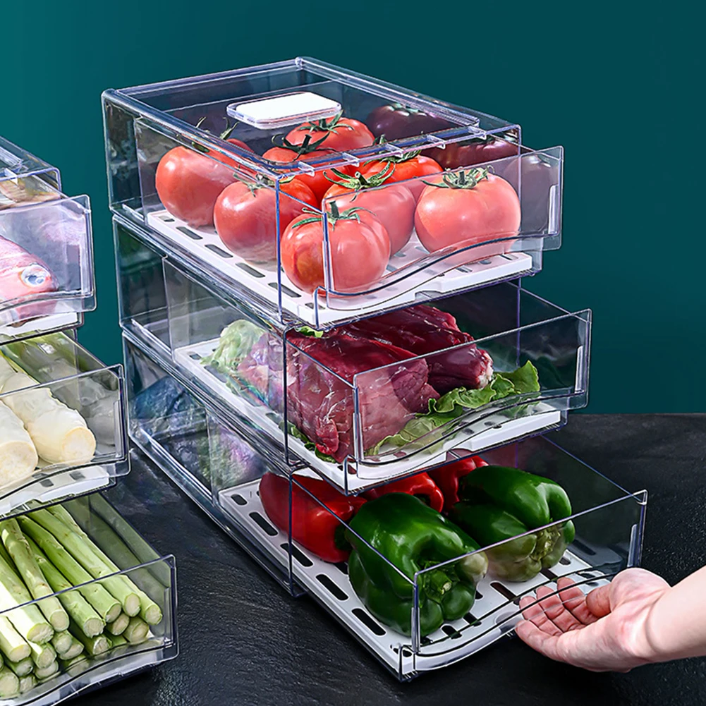 Stackable Refrigerator Organizer Drawers with Drain Tray & Clear Pull-Out Bins - Image 3