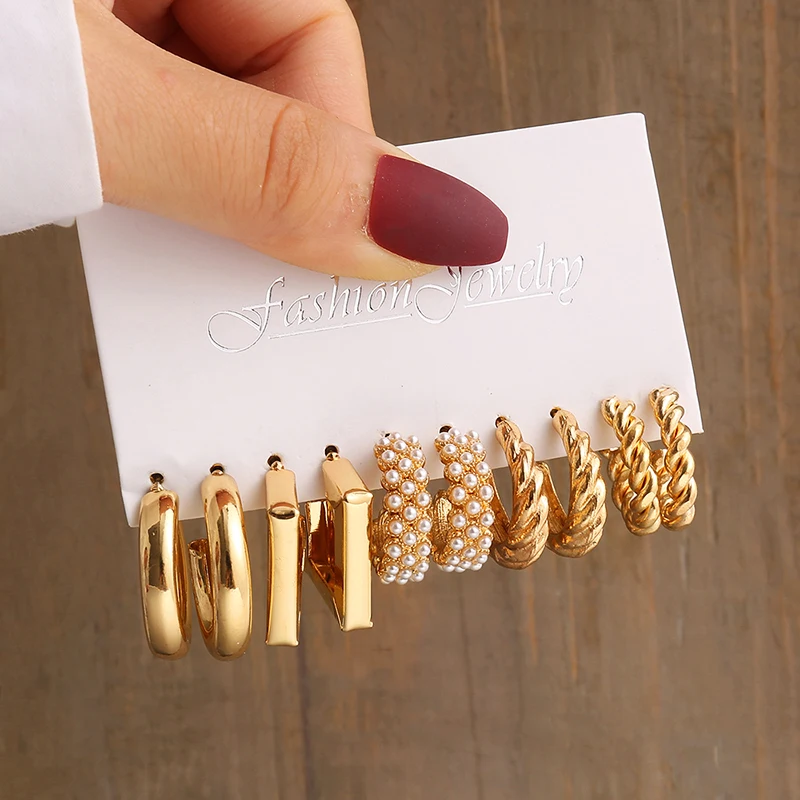 Vintage Gold Pearl Geometric Earrings Set – Heart, Square & Round Dangle Styles - Image 7