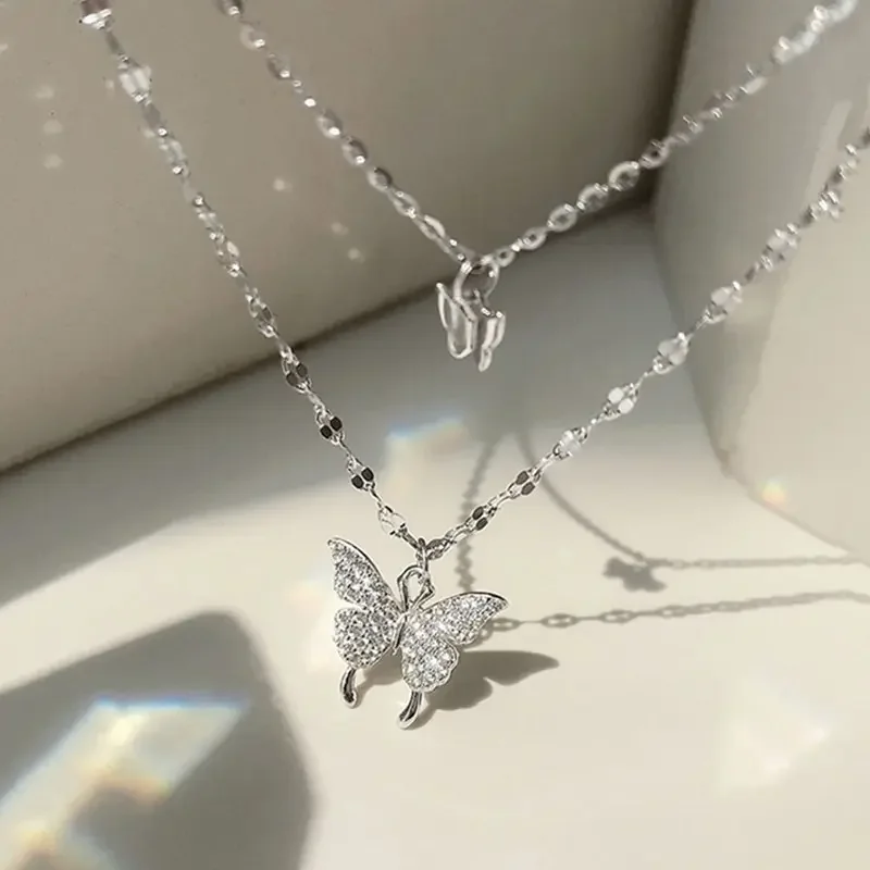 Women’s Sparkling Double Layer Butterfly Necklace Exquisite Collar Chain Jewelry Party Holiday Gift
