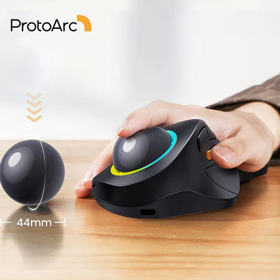 ProtoArc EM03 Wireless Bluetooth Trackball Mouse, RGB Backlit, Ergonomic