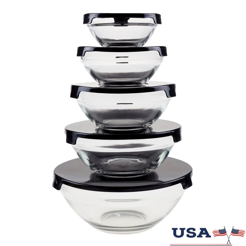 Glass Food Storage Containers with Snap Lids – 10-Piece Set, Black