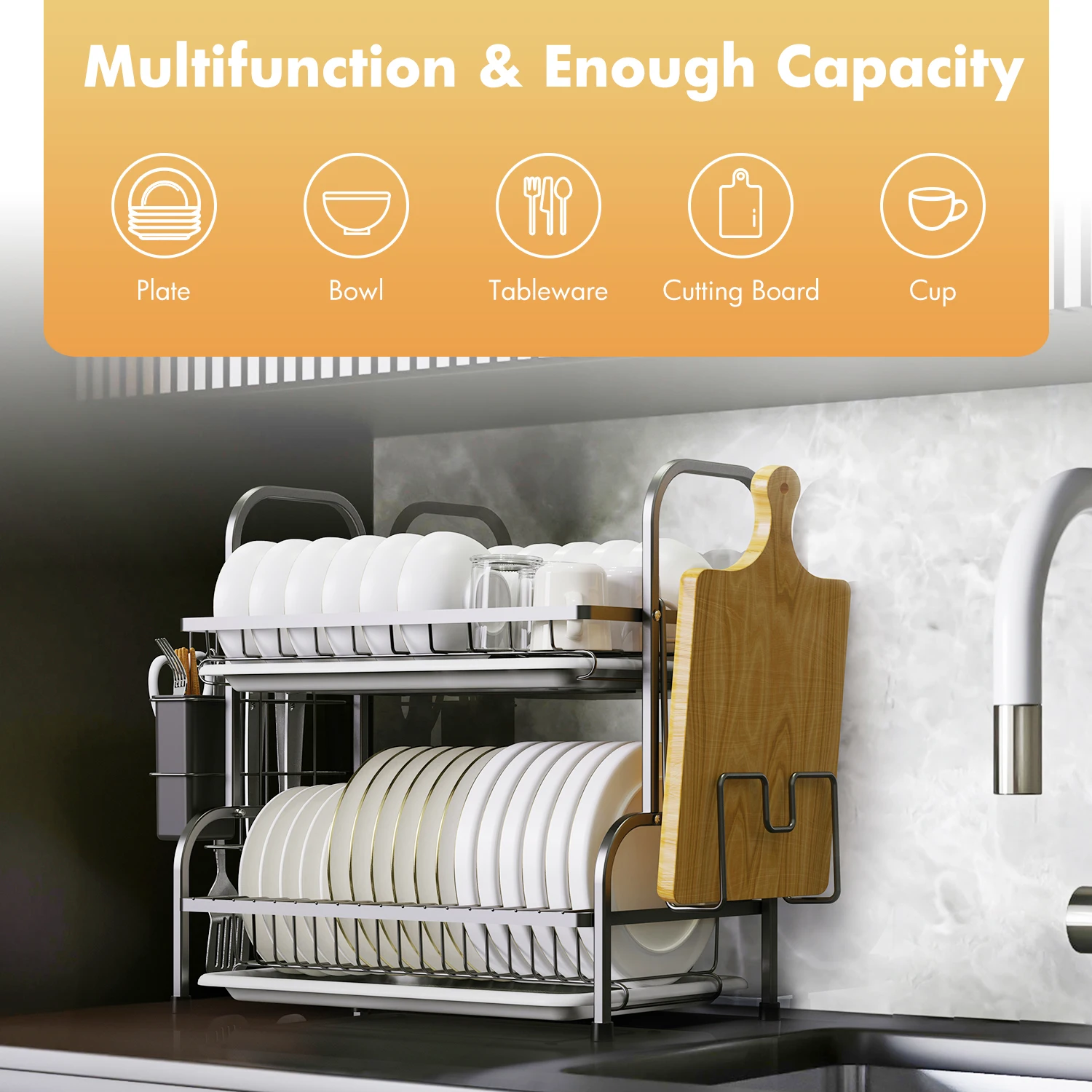 Compact 2‑Tier Dish Drying Rack with Drainboard & Utensil Holder - Image 3