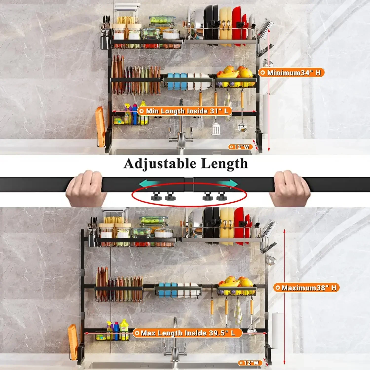 Over Sink Dish Drying Rack – Expandable Snap-On Design, Adjustable 31–39.5L x 12W x 34–38H inches - Image 2