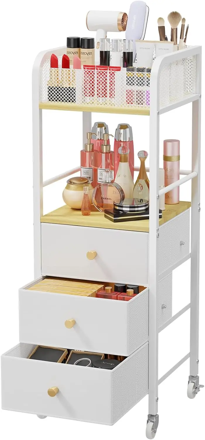 Rolling Makeup Cart Organizer – 3-Drawer Skincare & Cosmetics Storage with Wheels
